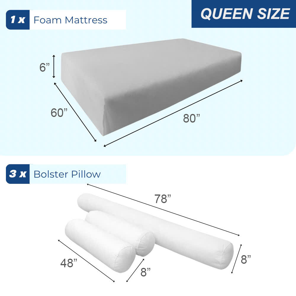 STYLE 6 Mattress Foam & Bolster Pillow Polyester Fiberfill Inserts for Outdoor Indoor Daybed Porch Swing Bed | INSERT ONLY |