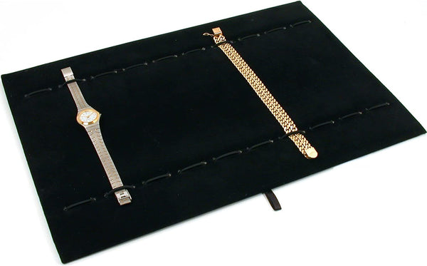 12 Slot Black Velvet Watch Bracelet Jewelry Display Fixture Tray Elastic Loops