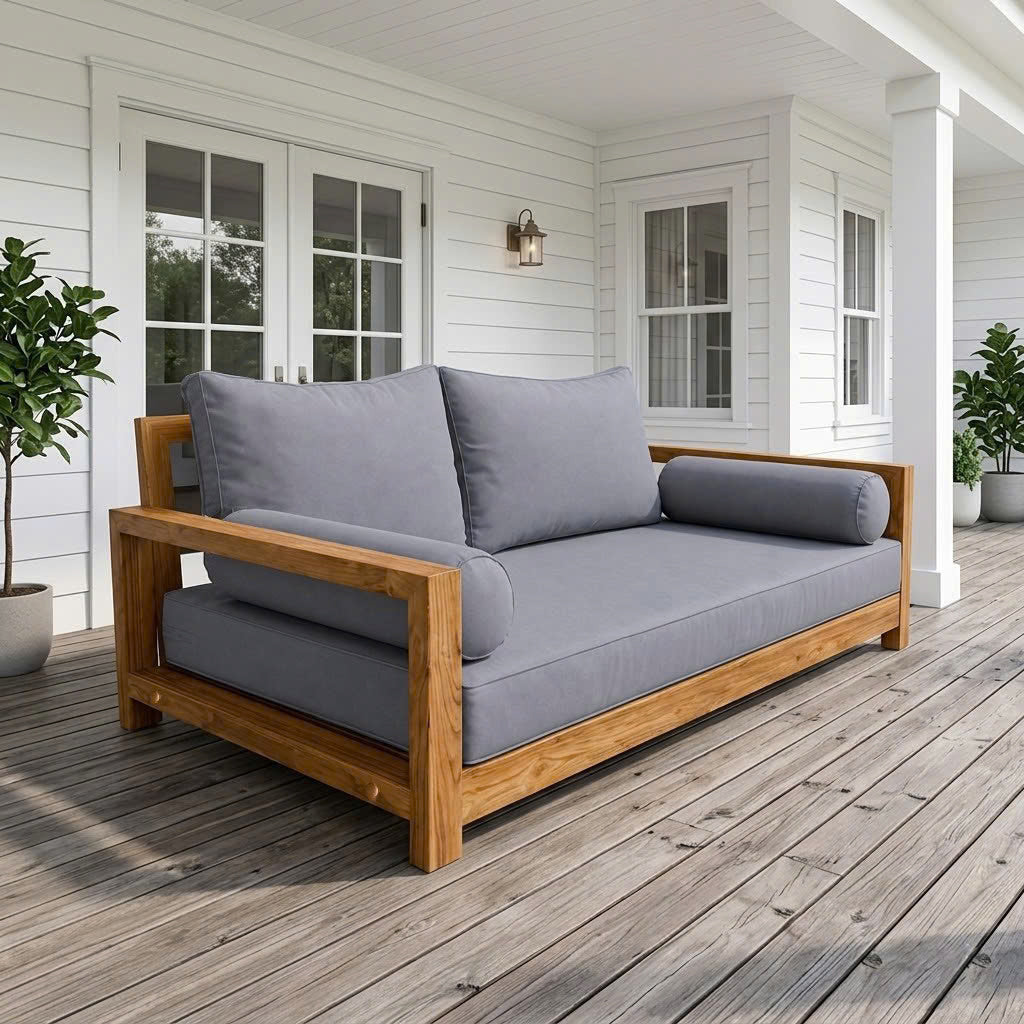Style 1 Complete Set Twin Size Wood Patio Sofa Daybed + Cushion Inserts + Covers