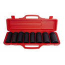 3/4 inch drive deep impact socket set 8 pieces in red storage case.