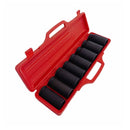 Red plastic case holding eight black deep impact sockets for 3/4 drive tools.
