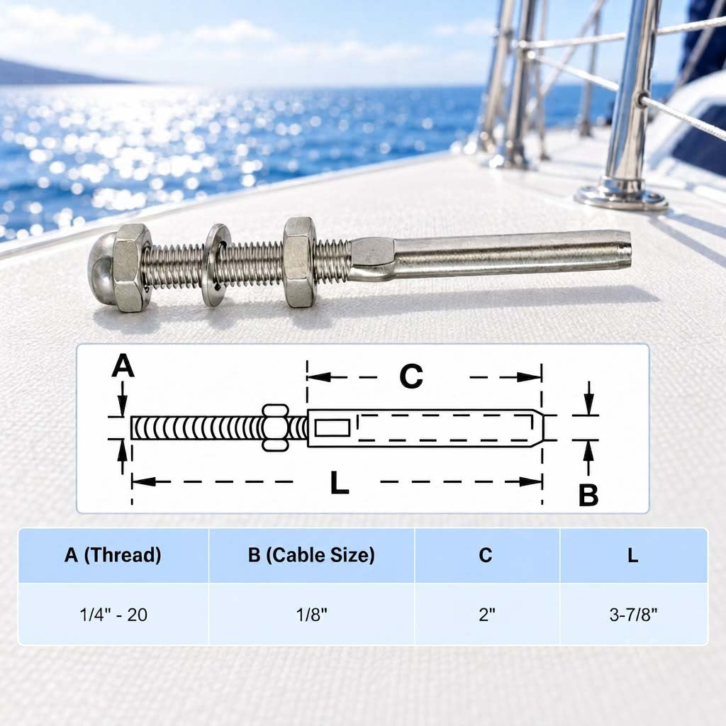 10 Pc Set T316 Stainless Steel Swage Threaded Stud End Fitting, Cable Rail Terminal for 1/8", 3/16", and 1/4" Cable