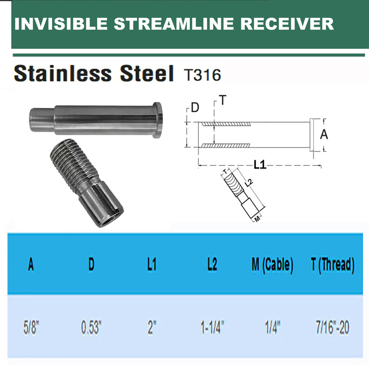2 Pc Stainless Steel T316 7-16'' Invisible Streamline Receiver Cable rail 1-4''