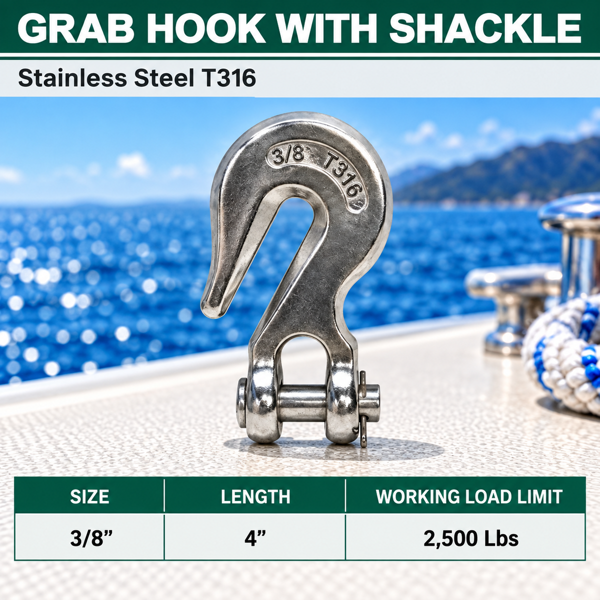 Marine Stainless Steel T316 Clevis Grab Hook Towing Shackle, Boat Chain Hook for Rigging, Towing, and Outdoor Hardware
