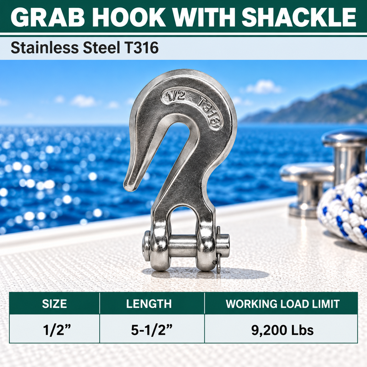 Marine Stainless Steel T316 Clevis Grab Hook Towing Shackle, Boat Chain Hook for Rigging, Towing, and Outdoor Hardware