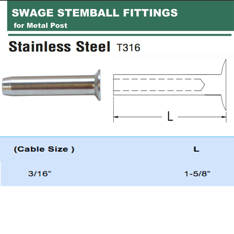 10 Pc 3/16" Cable Railing T316 Stainless Steel Swage Stemball for METAL POST