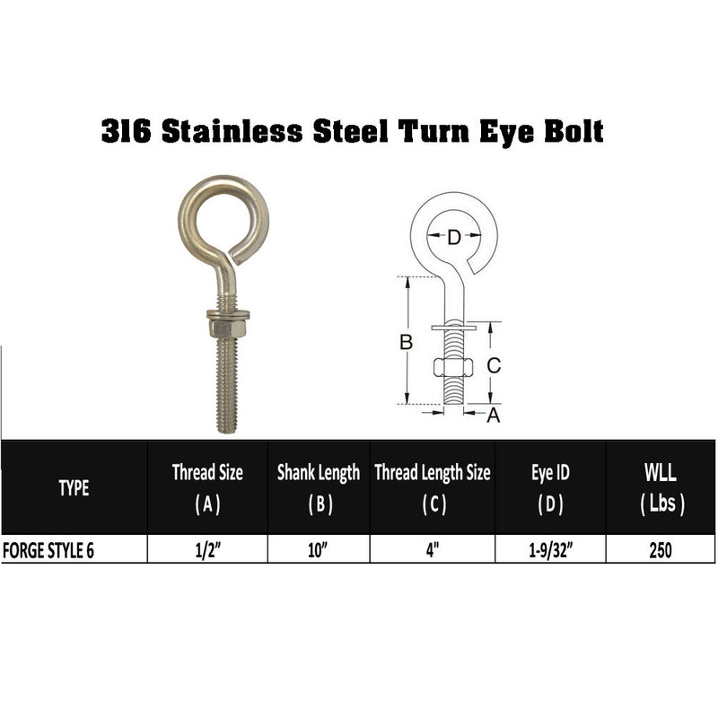 Forge Style Marine Stainless Steel 1/2" x 10" Turned Eye Bolt Nut and Washers  250 Lb Cap.