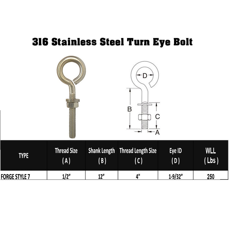 Forge Style Marine Stainless Steel 1/2" x 12" Turned Eye Bolt Nut and Washers  250 Lb Cap.