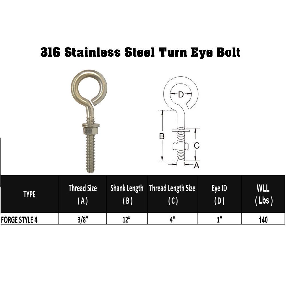 Marine Boat T316 Stainless Steel 3/8'' x 12'' Turned Eye Bolt Nut 140 Lbs WLL