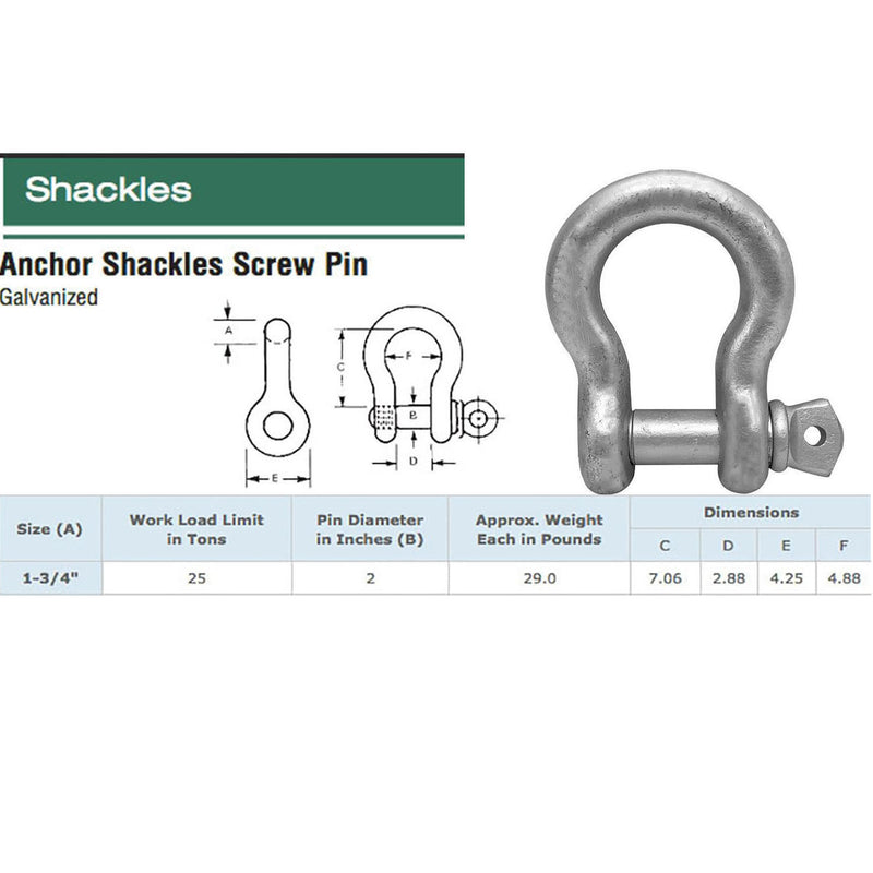 1-3/4" Screw Pin Anchor Shackle Galvanized Steel Drop Forged 50000 Lbs D Ring Bow Rigging