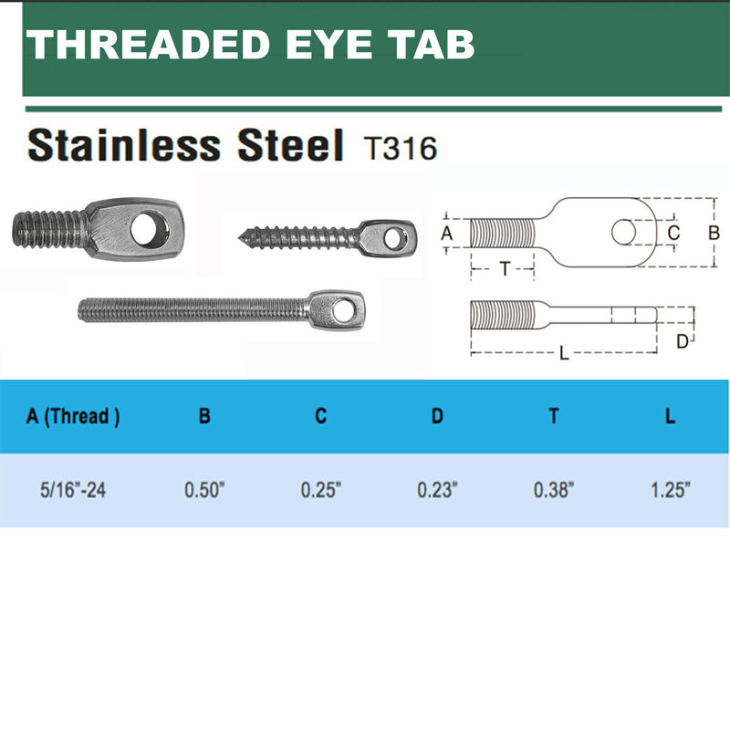 5 Pc 5/16'' - 24 Thread Size Stainless Steel T316 Threaded Eye Tab Boat Marine