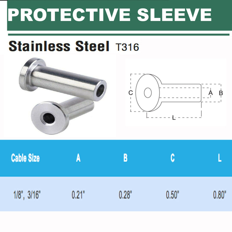 100 Pc T316 Stainless Steel Protective Protector Sleeves 1/8, 3/16" Cables