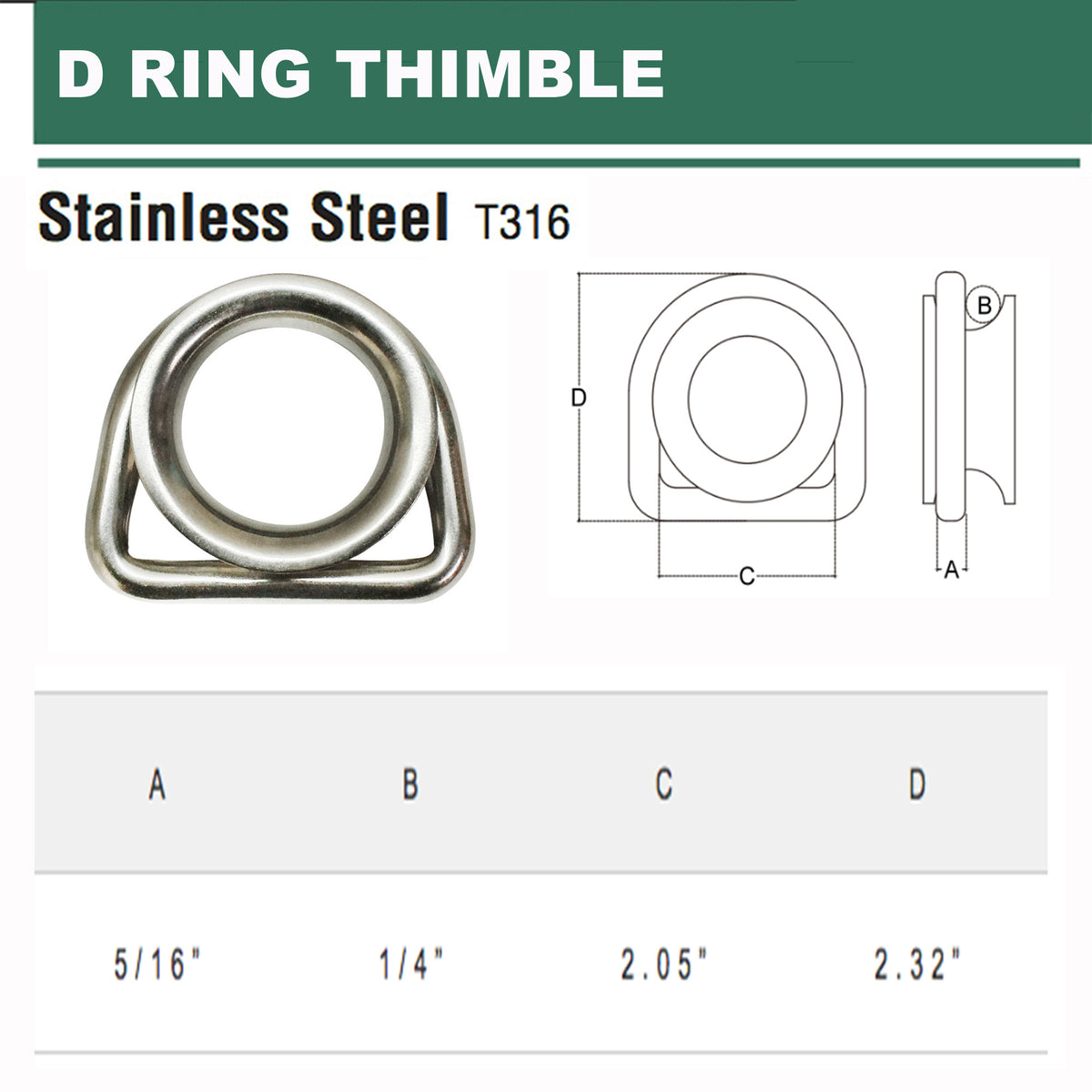 316 Stainless Steel Marine Boat 5/16'' D Ring Thimble Round Shave Wire Rope D-Ring
