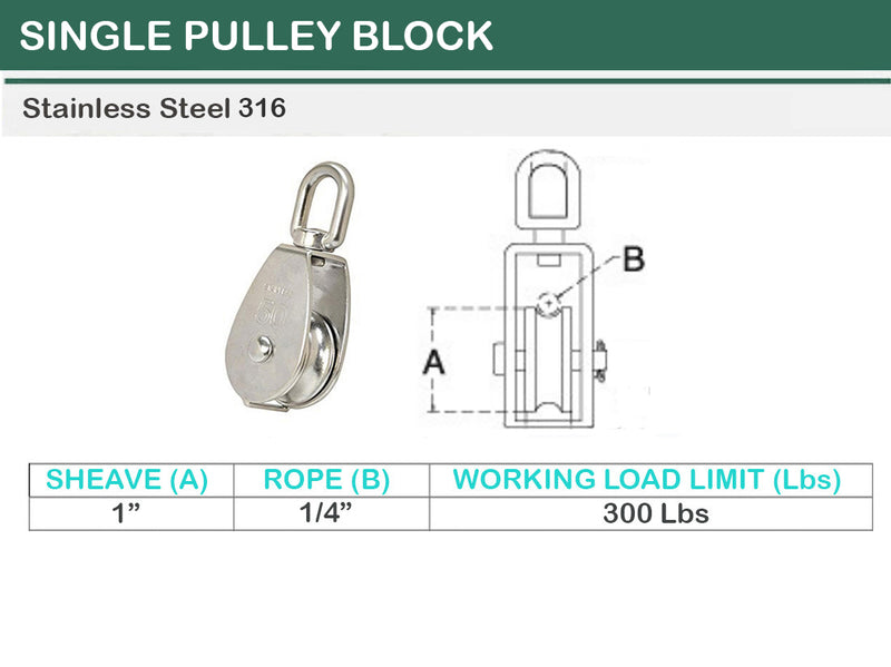 1'' Marine Stainless Steel 316 SINGLE Pulley w- Swivel Eye Hoist Lift 300Lbs