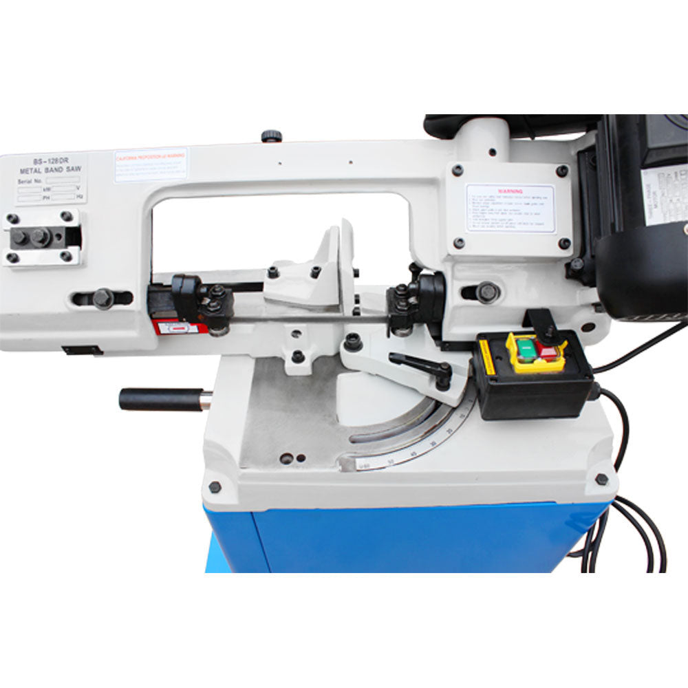 Blue and white metal cutting bandsaw with 1/2HP motor and cutting vise