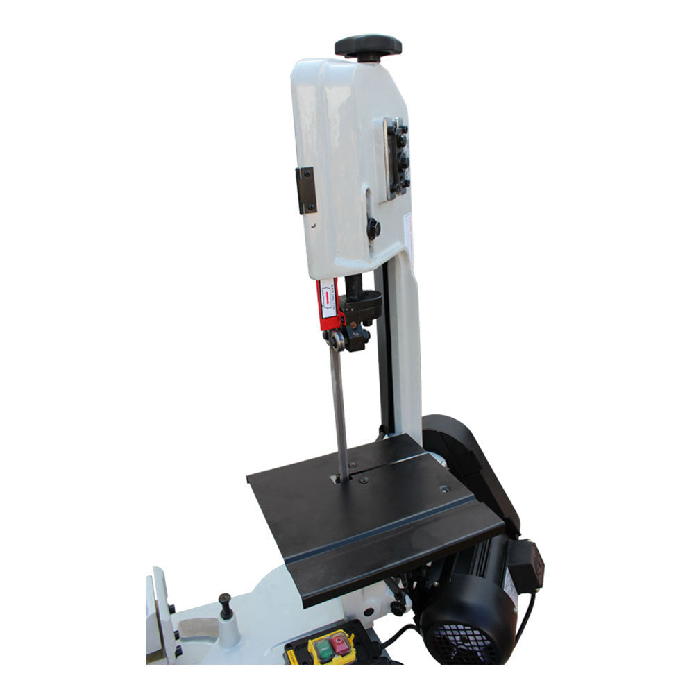 Precision metal band saw with stand, motor, and adjustable cutting angle
