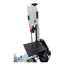 Precision metal band saw with stand, motor, and adjustable cutting angle