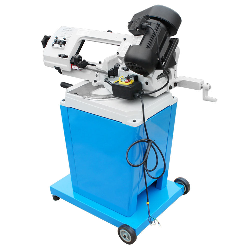 Workshop metal cutting machine on wheeled base with adjustable table