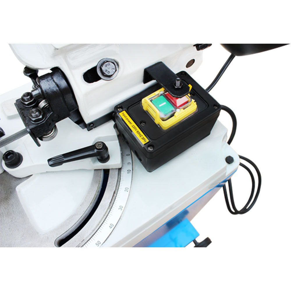 Electric metal band saw with vertical cutting table and horizontal arm