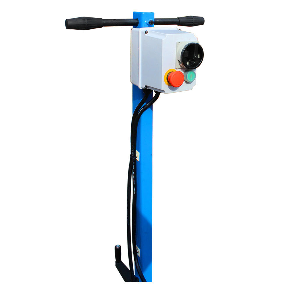 Industrial floor sander with long control handle.