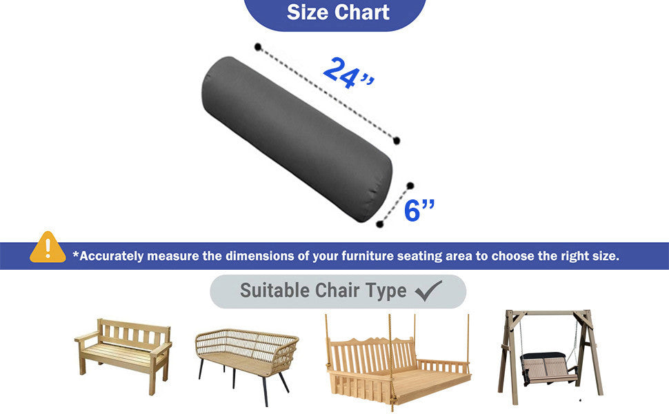Knife Edge Large Size 26x6 Outdoor Bolster Pillow Water Repellent Decorative Bolster Pillow Insert and Cover Set For Patio Daybed Porch Swing AD101