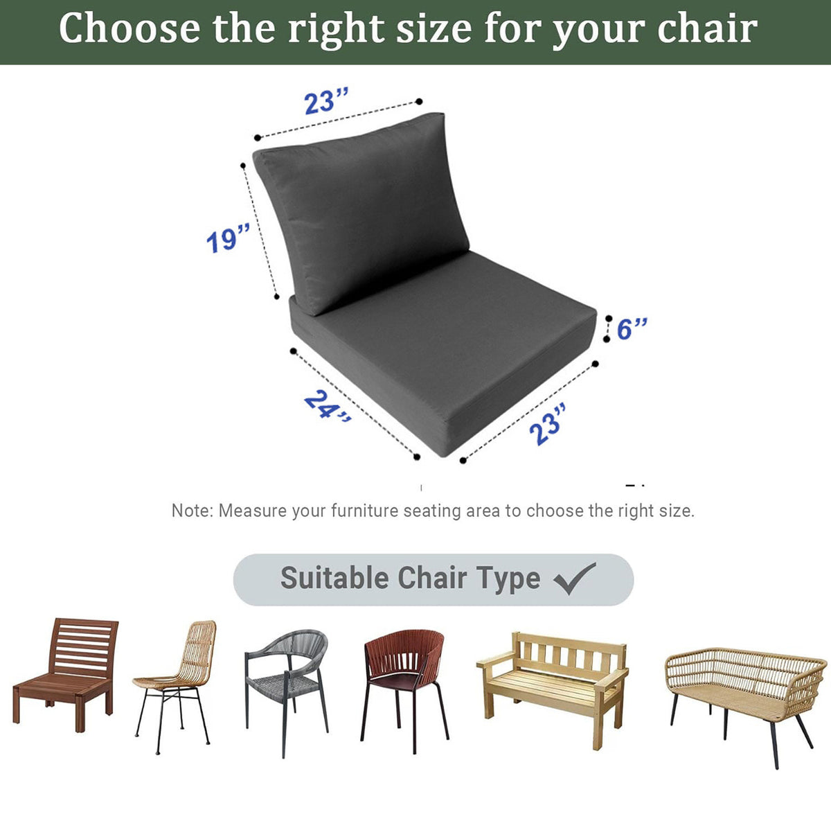 Knife Edge Small Size 23"x24"x6" Outdoor Deep Seat Cushion, Water Repellent, Patio Deep Seat Backrest Cushion Insert & Cover Set AD105
