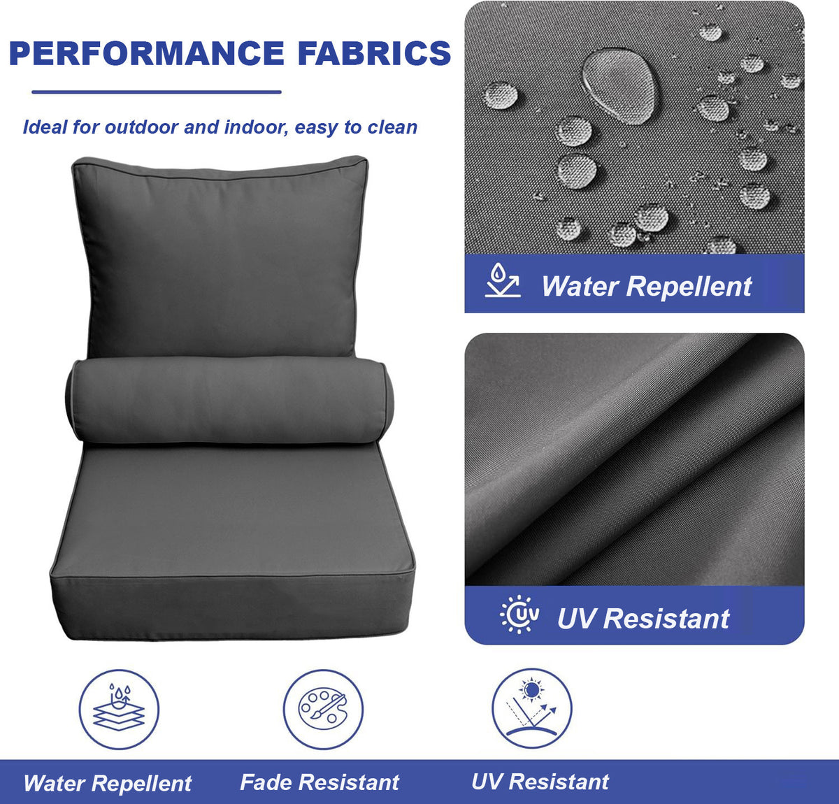 Large Size 26x30x6 Piped Trim Outdoor Deep Seat Backrest Cushion with Bolster, Water Repellent Patio Cushion Insert and Cover Set AD005