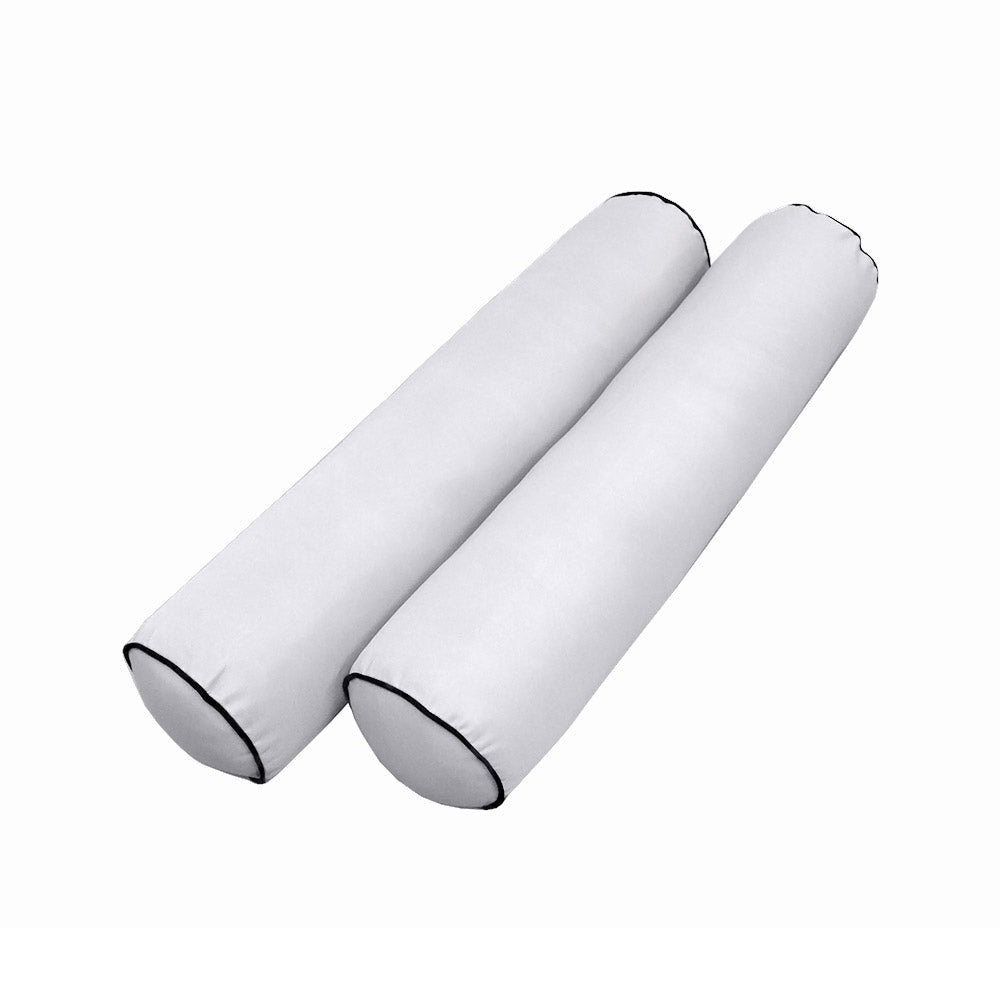 Five-piece pillow and bolster cushion set including seat cushion, two square back pillows, and two bolster pillows for indoor or outdoor seating.