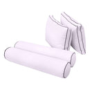 Five-piece pillow and bolster cushion set including seat cushion, two square back pillows, and two bolster pillows for indoor or outdoor seating.