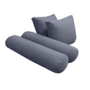 Four-piece pillow and bolster cushion set including seat cushion, two square back pillows, and two bolster pillows for indoor or outdoor seating.