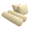 Five-piece pillow and bolster cushion set including seat cushion, two square back pillows, and two bolster pillows for indoor or outdoor seating
