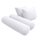 Five-piece pillow and bolster cushion set including seat cushion, two square back pillows, and two bolster pillows for indoor or outdoor seating