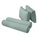Five-piece pillow and bolster cushion set including seat cushion, two square back pillows, and two bolster pillows for indoor or outdoor seating.