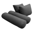 Five-piece pillow and bolster cushion set including seat cushion, two square back pillows, and two bolster pillows for indoor or outdoor seating
