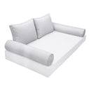 Five-piece pillow and bolster cushion set including seat cushion, two square back pillows, and two bolster pillows for indoor or outdoor seating.
