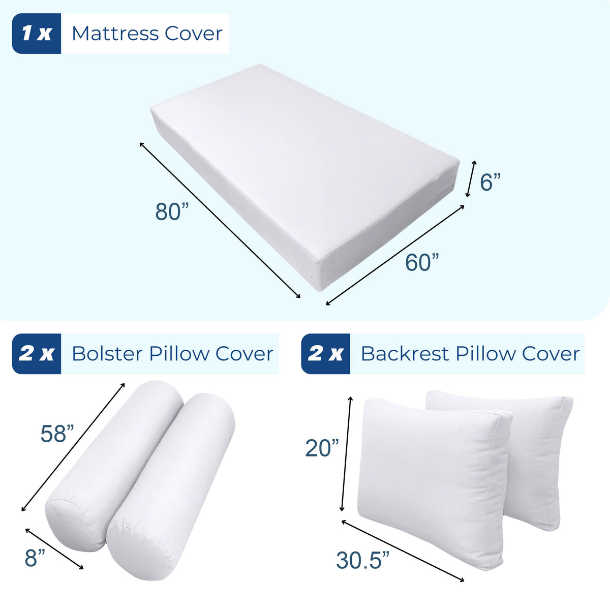 STYLE 1 - Mattress & Pillow Bolster Cushion for Outdoor Indoor Daybed Porch Swing Bed Contrast Trim Queen Size AD101 | COVERS ONLY |