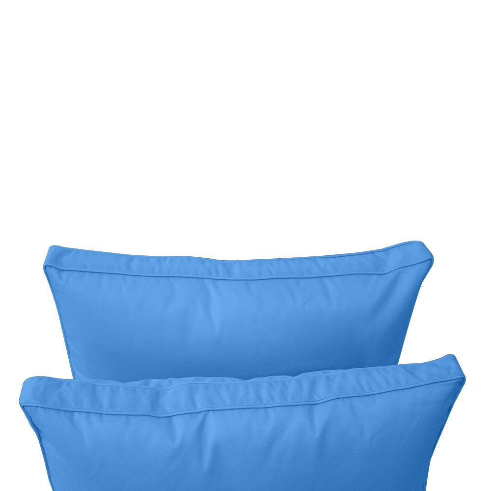 Five-piece pillow and bolster cushion set including seat cushion, two square back pillows, and two bolster pillows for indoor or outdoor seating.
