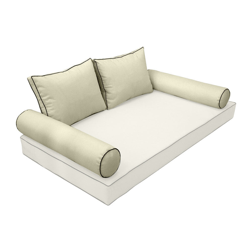 Elegant cushion and bolster set featuring refined craftsmanship and knife-edge detailing, designed for versatile indoor and outdoor comfort.