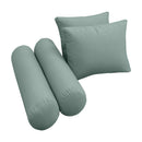 Five-piece pillow and bolster cushion set including seat cushion, two square back pillows, and two bolster pillows for indoor or outdoor seating
