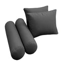 Five-piece pillow and bolster cushion set including seat cushion, two square back pillows, and two bolster pillows for indoor or outdoor seating