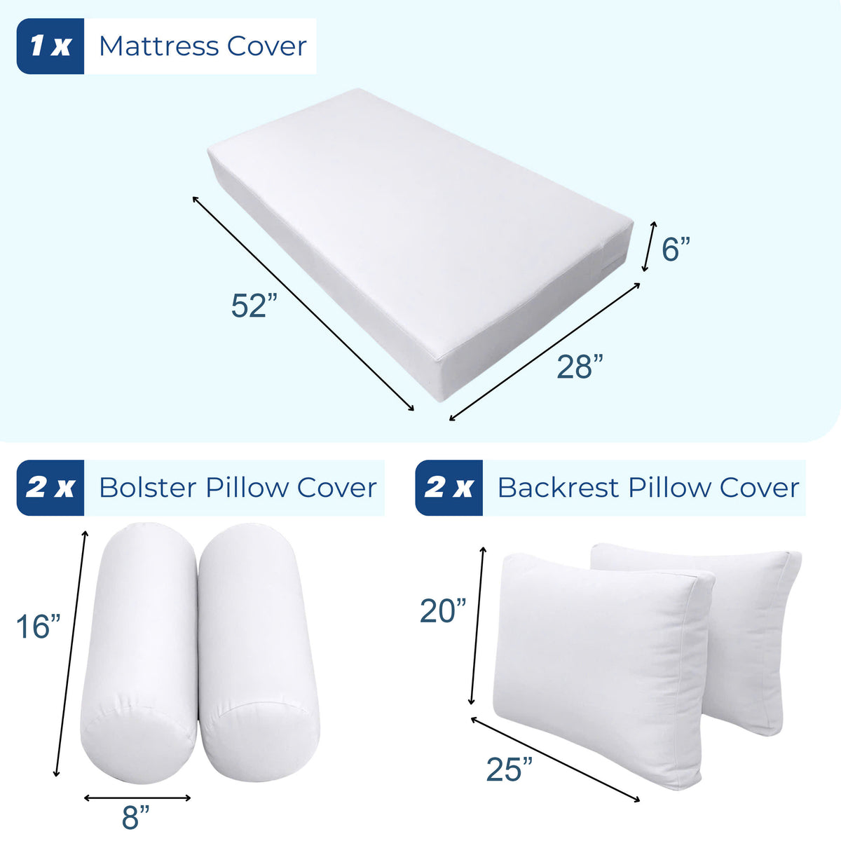 STYLE 2 - Mattress & Pillow Bolster Cushion for Outdoor Indoor Daybed Porch Swing Bed Knife Edge Crib Size AD005 | COVERS ONLY |