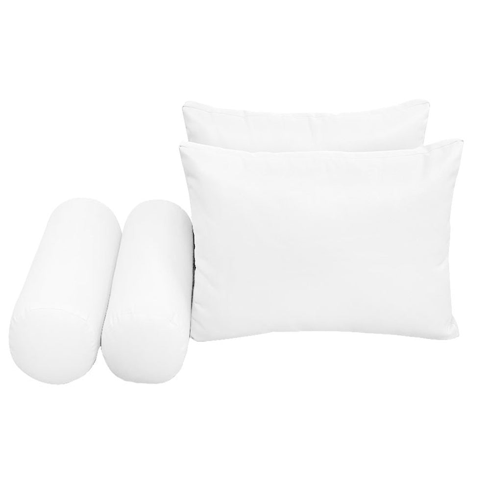 Five-piece pillow and bolster cushion set including seat cushion, two square back pillows, and two bolster pillows for indoor or outdoor seating