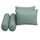 Five-piece pillow and bolster cushion set including seat cushion, two square back pillows, and two bolster pillows for indoor or outdoor seating
