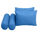 Five-piece pillow and bolster cushion set including seat cushion, two square back pillows, and two bolster pillows for indoor or outdoor seating