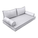 Elegant cushion and bolster set featuring refined craftsmanship and knife-edge detailing, designed for versatile indoor and outdoor comfort.