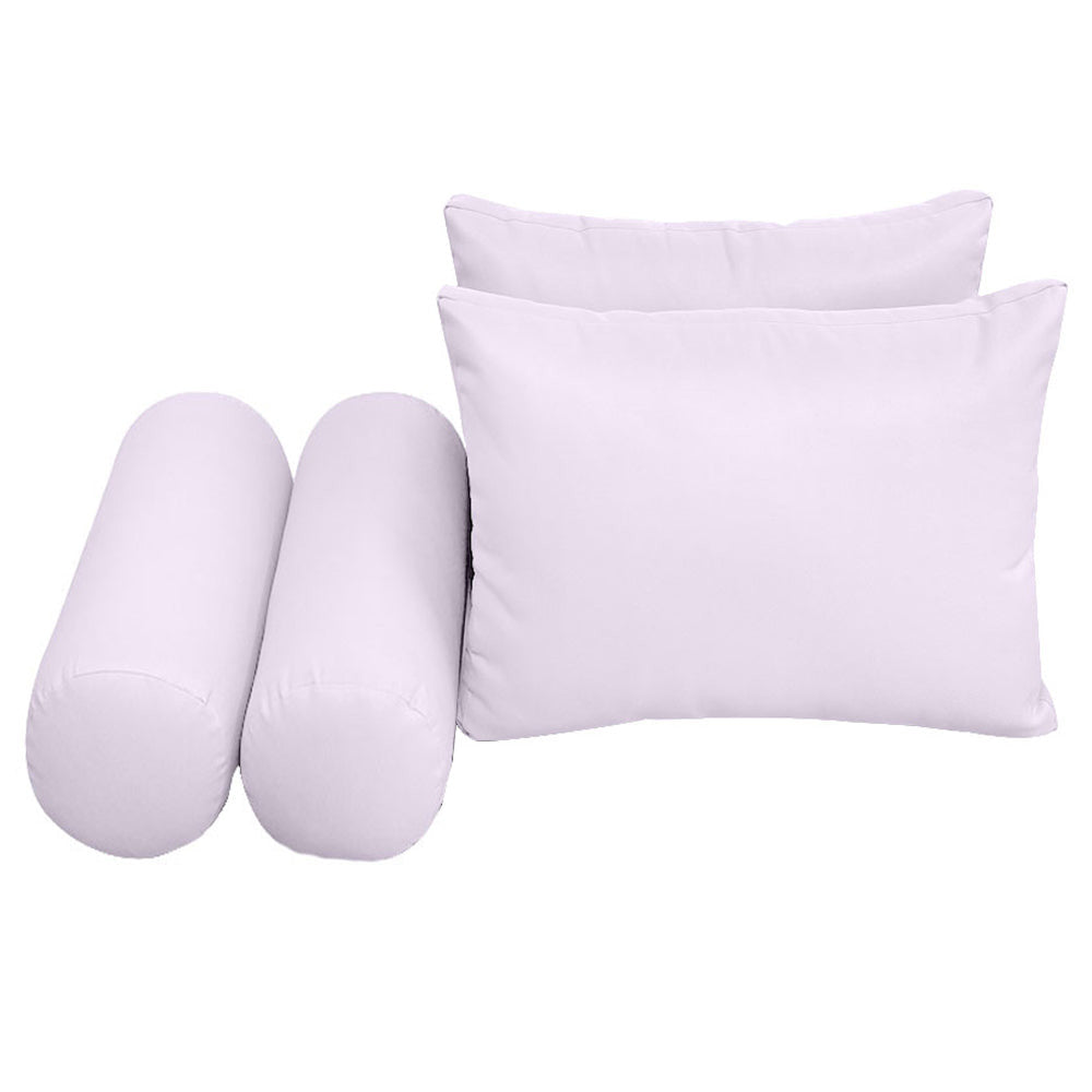 Five-piece pillow and bolster cushion set including seat cushion, two square back pillows, and two bolster pillows for indoor or outdoor seating