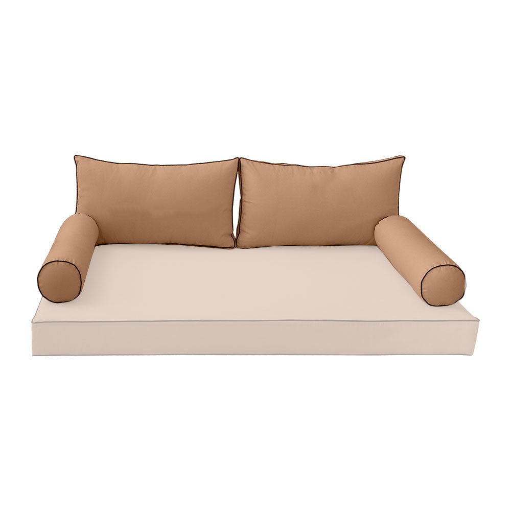 STYLE 2 Pillow & Bolster Cushion for Outdoor Indoor Daybed Porch Swing Bed Queen Size Contrast Trim AD104 | COVERS ONLY |
