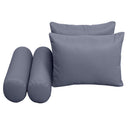 Five-piece pillow and bolster cushion set including seat cushion, two square back pillows, and two bolster pillows for indoor or outdoor seating.