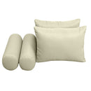 Four-piece pillow and bolster cushion set including seat cushion, two square back pillows, and two bolster pillows for indoor or outdoor seating.