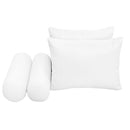 Four-piece pillow and bolster cushion set including seat cushion, two square back pillows, and two bolster pillows for indoor or outdoor seating.